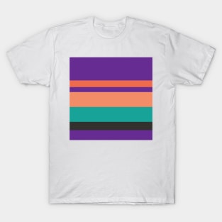 A solitary confection of Orange Pink, Faded Orange, Christmas Purple, Blue/Green and Dark Grey stripes. T-Shirt